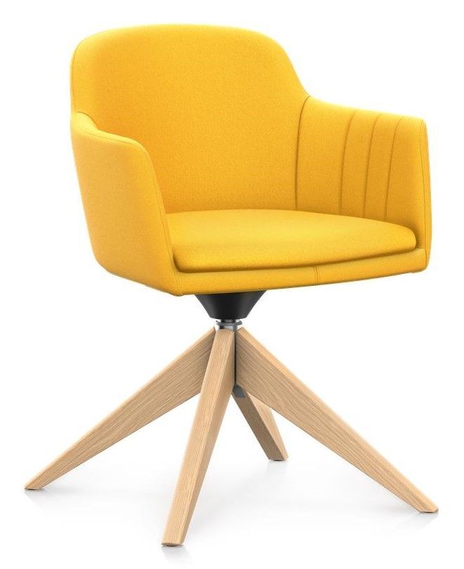 Moderner gelber Bürostuhl mit gepolsterter Sitzfläche und Holzbeinen für ergonomisches Sitzen im Büro.