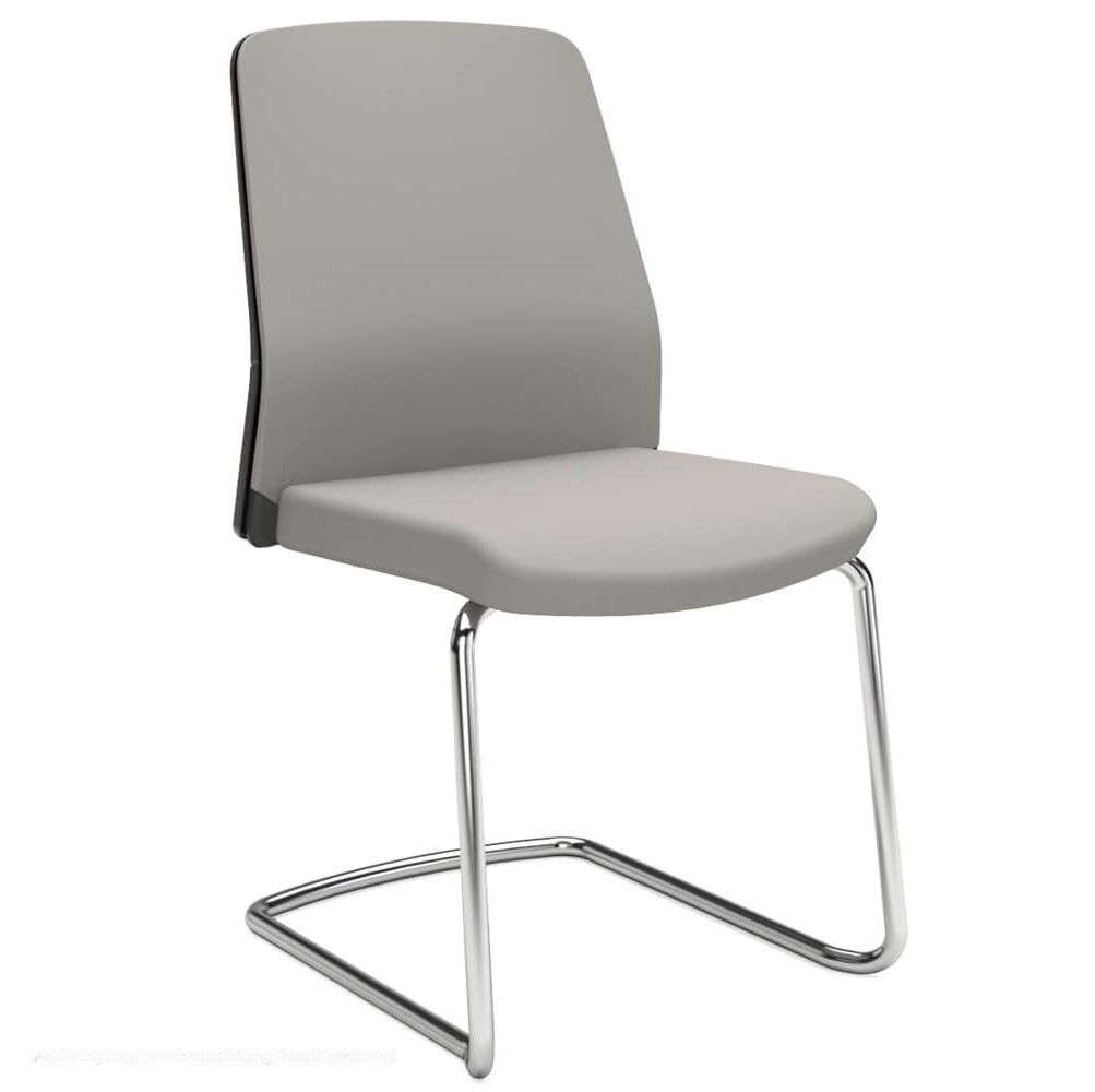 Moderner grauer Freischwinger mit ergonomischem Sitz und Chromgestell für dynamisches Sitzen im Büro.