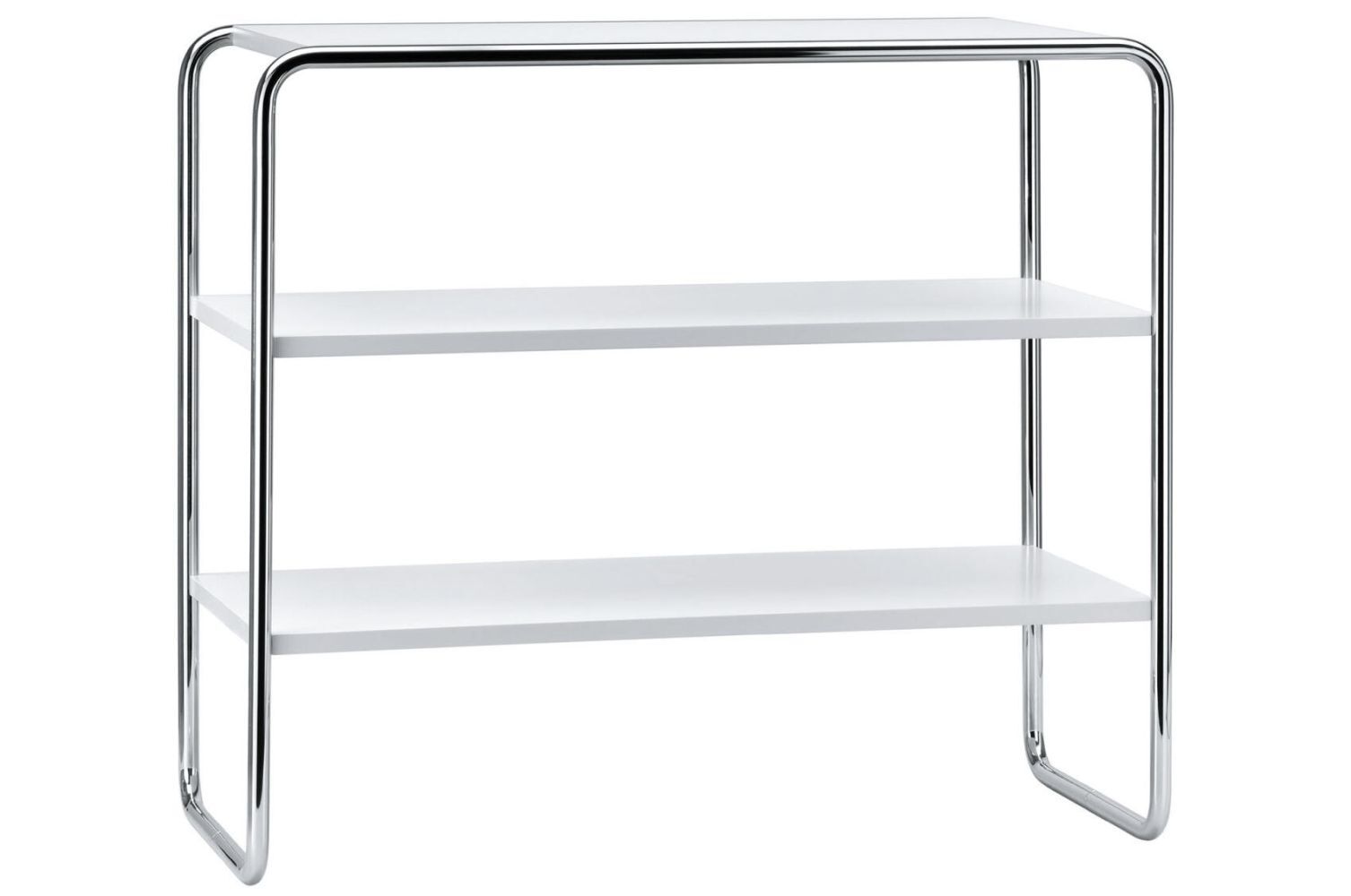 Weißes Regal mit drei Regalböden und verchromtem Metallrahmen, geeignet für Büros oder Wohnzimmer.