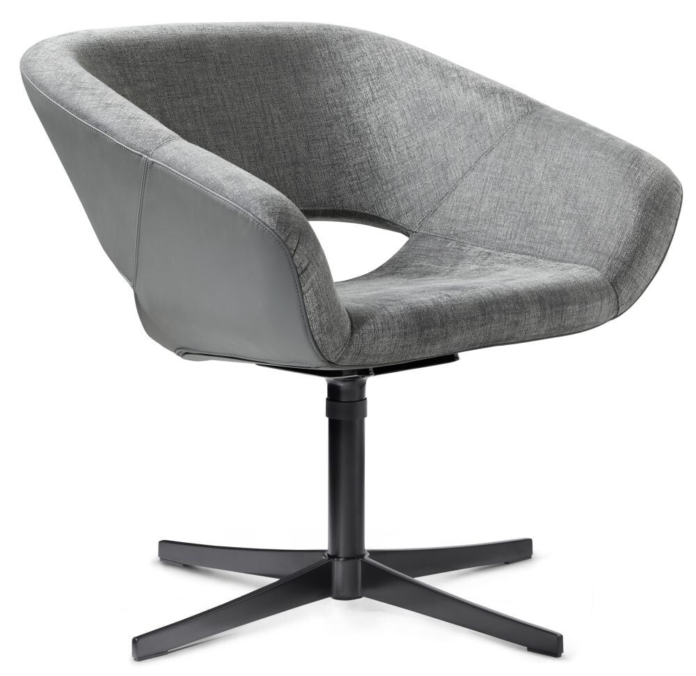 Grauer ergonomischer Stuhl mit gepolsterter Sitzfläche und einzigartigem Design auf einem drehbaren Metallfuß.