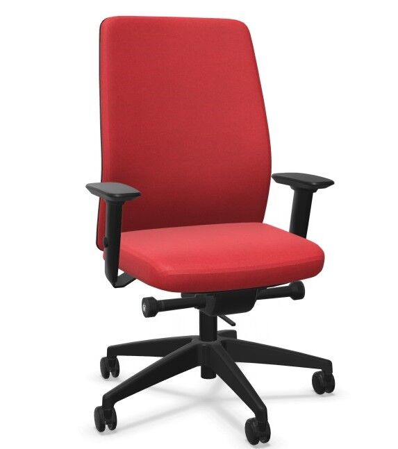 Roter ergonomischer Bürostuhl mit verstellbaren Armlehnen und Rollen für bewegtes Sitzen im Büro.