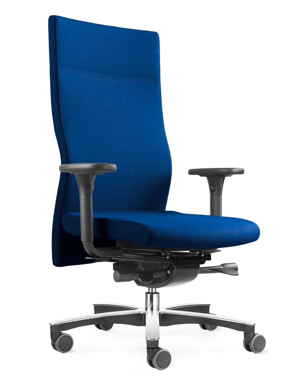 Blauer ergonomischer Bürostuhl mit verstellbaren Armlehnen und fünfrollen Basis für dynamisches Sitzen.
