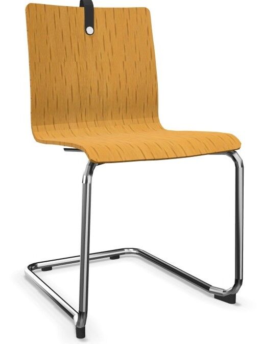 Moderner Holzschalenstuhl mit gebürstetem Edelstahlrahmen, ergonomisch geformt für dynamisches Sitzen im Büro.