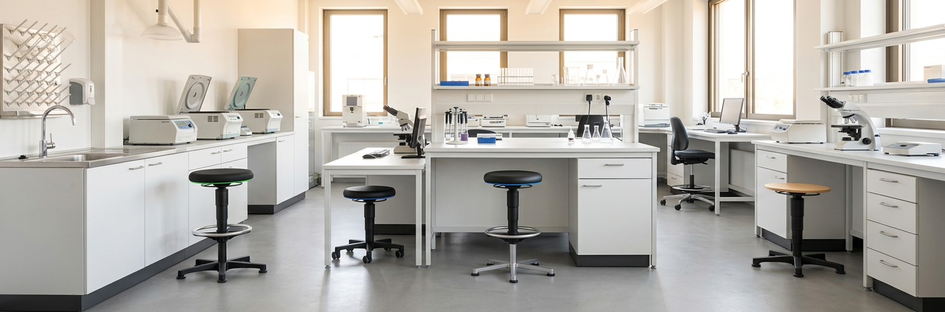Ergonomisches Labor mit höhenverstellbaren Hockern und moderner Ausstattung für dynamisches Sitzen und optimalen Komfort.