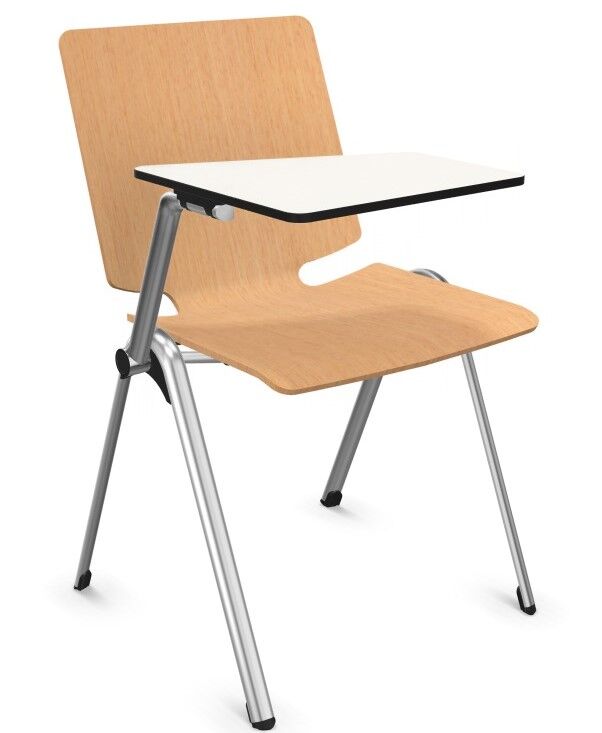 Ergonomischer Holzstuhl mit Klapptisch und Metallbeinen, ideal für Büro oder Schulungseinrichtungen.