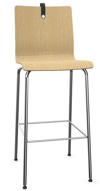 Moderner Barhocker mit Holzsitz und verchromten Metallbeinen für ergonomisches Sitzen.