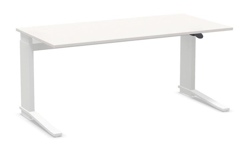 Moderner, weißer, höhenverstellbarer Schreibtisch mit stabilem Metallgestell, ideal für ergonomische Arbeitsplatzlösungen.