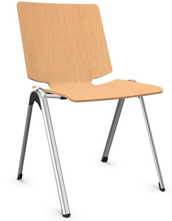 Moderner Stuhl mit Holzsitzfläche und Rücken, silberne Metallbeine, ideal für ergonomisches Sitzen.
