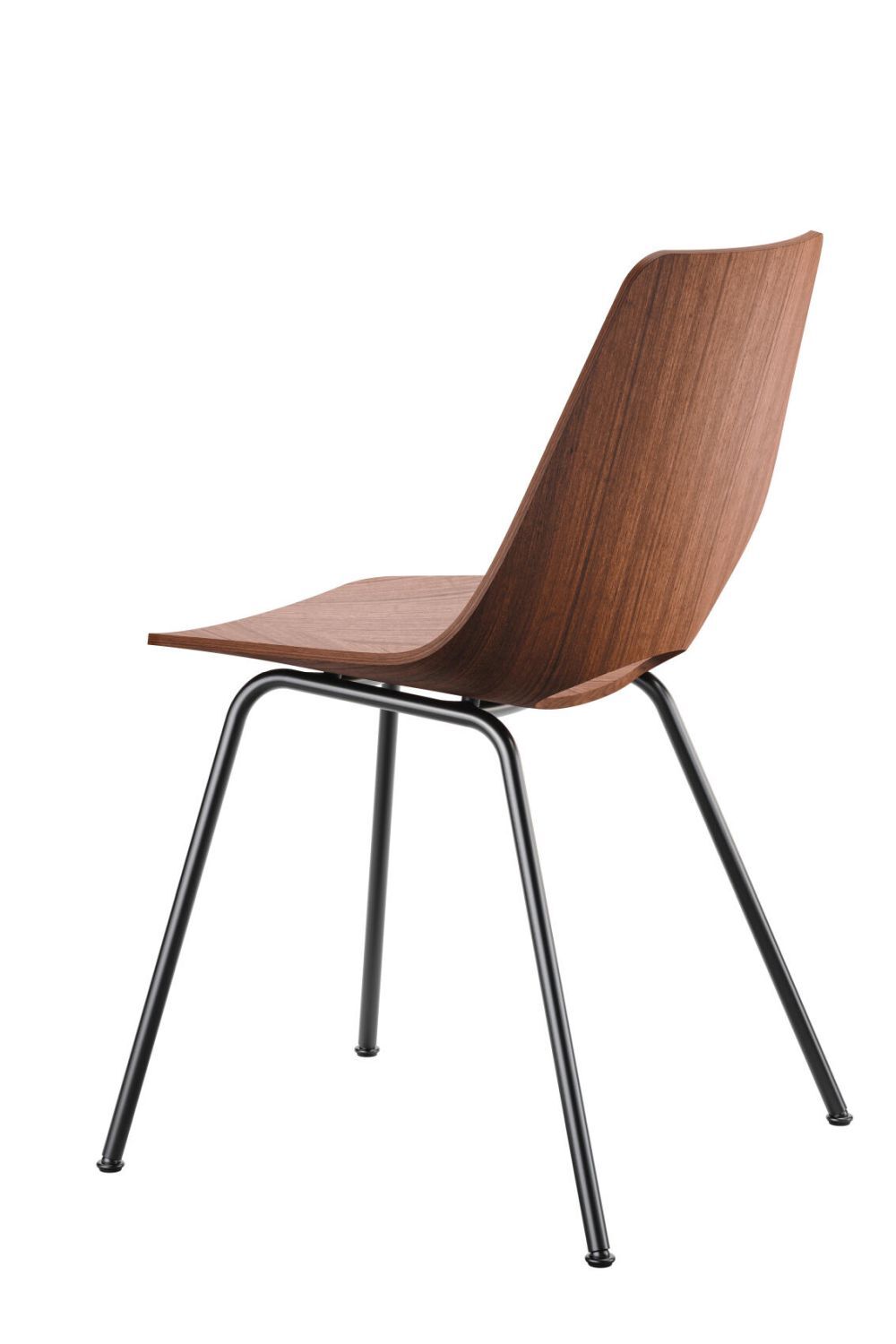 Rückansicht eines eleganten Bürostuhls mit Holzrückenlehne und schwarzen Metallbeinen, schlichtes und modernes Design.