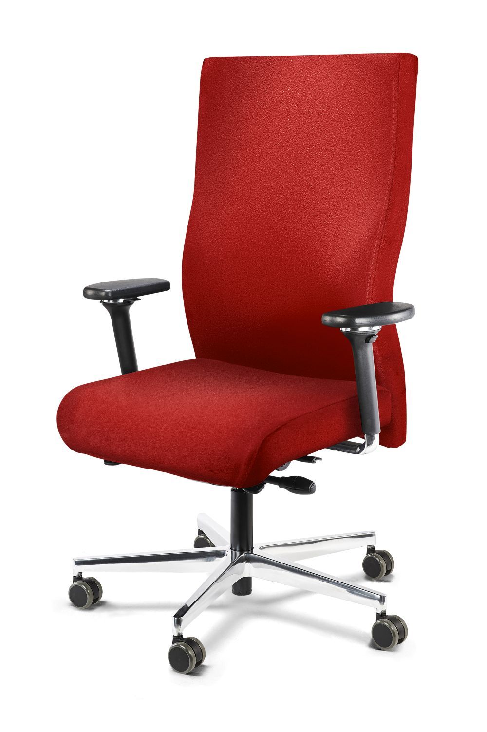 Hochwertiger ergonomischer Bürostuhl mit rotem Stoffbezug, verstellbaren Armlehnen und verchromtem Fußkreuz.