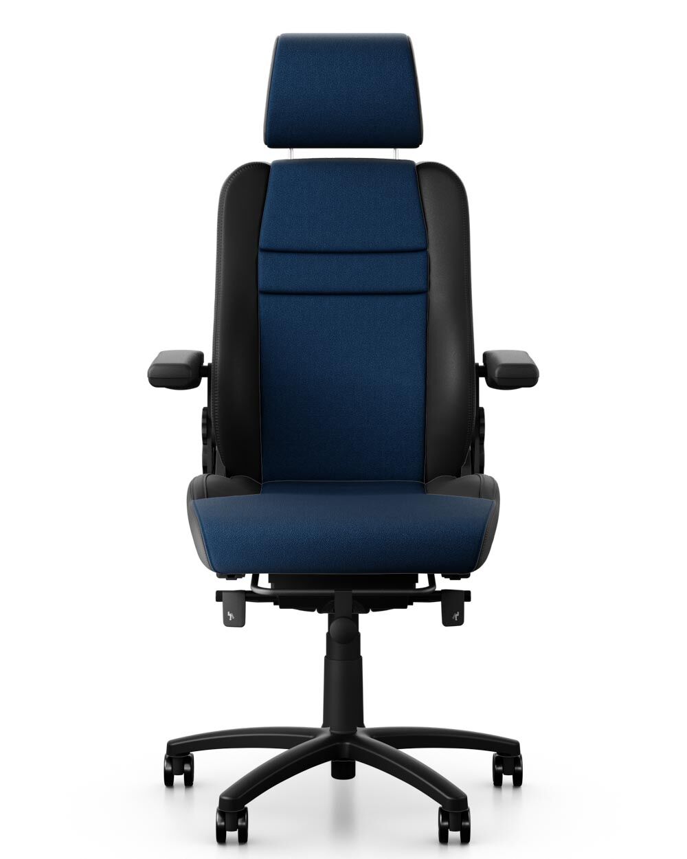 Ergonomischer Bürostuhl mit blauer Polsterung, verstellbaren Armlehnen und Kopfstütze, auf Rollen für dynamisches Sitzen.