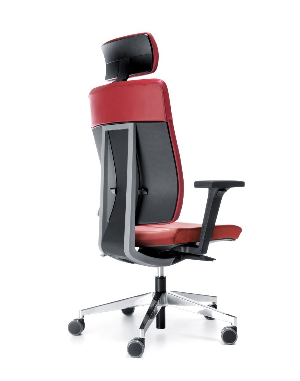 Ergonomischer Bürostuhl mit rotem Leder, verstellbarer Kopfstütze und Rollen für bequemes, dynamisches Sitzen.
