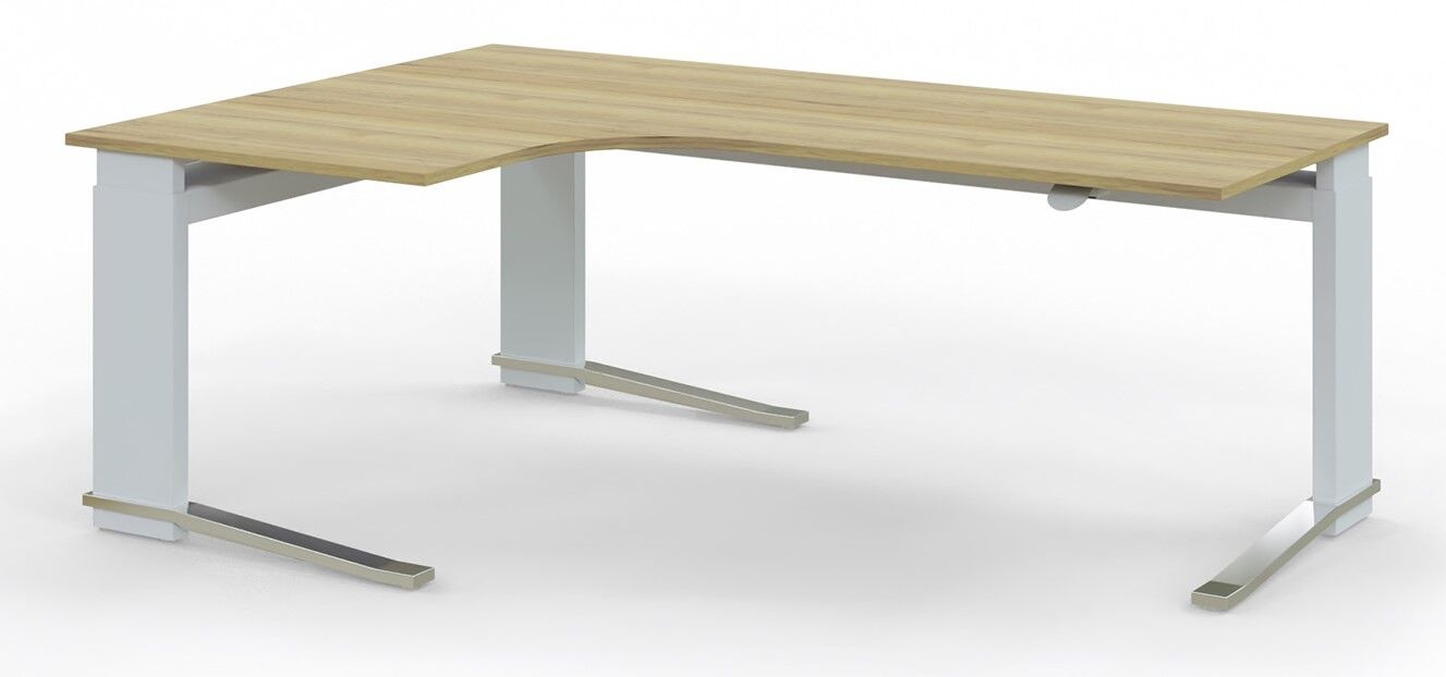Ergonomischer L-förmiger Schreibtisch mit Holztischplatte und weißem Metallgestell, ideal für dynamisches Sitzen im Büro.