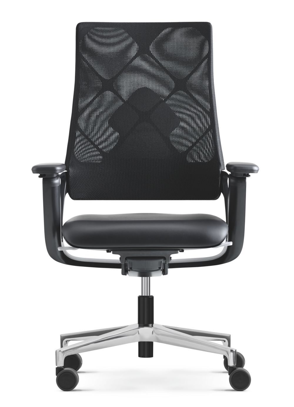 Moderner ergonomischer Bürostuhl mit Mesh-Rückenlehne und verstellbaren Armlehnen für dynamisches Sitzen.