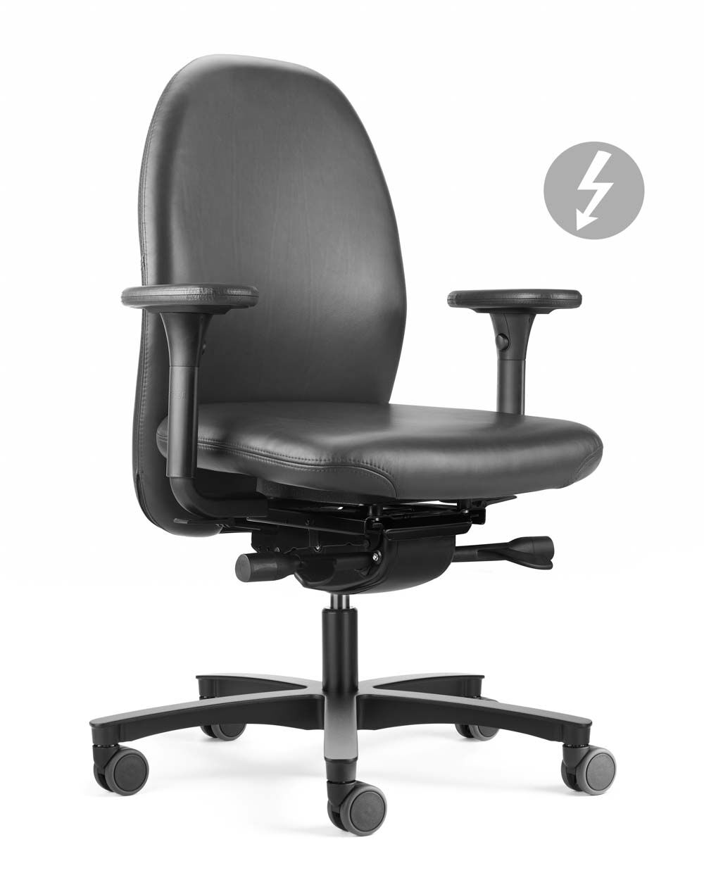Ergonomischer Bürostuhl aus Leder mit verstellbaren Armlehnen und Anti-Statische Eigenschaften, ideal für gesundes Arbeiten.