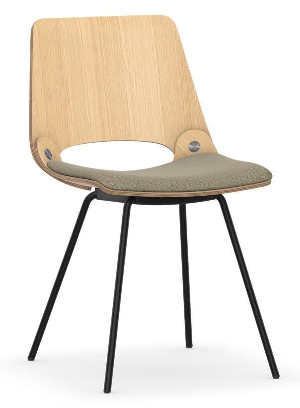 Holzstuhl mit schwarzem Metallgestell und beigem Polstersitz, ideal für ergonomisches Sitzen im Büro.