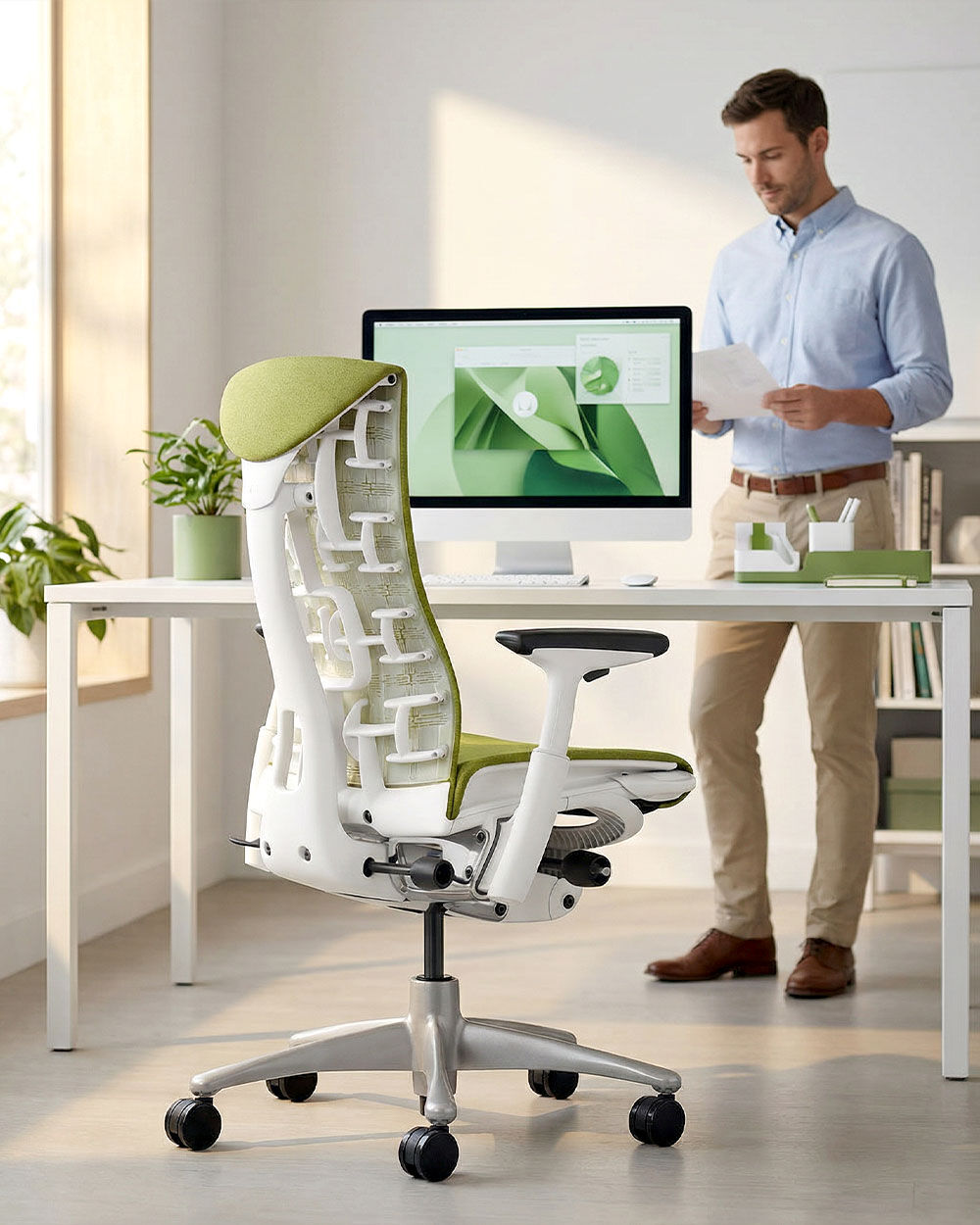 Ergonomischer Bürostuhl mit grünem Bezug in modernem Büro, Mann im Hintergrund vor Computer stehend.
