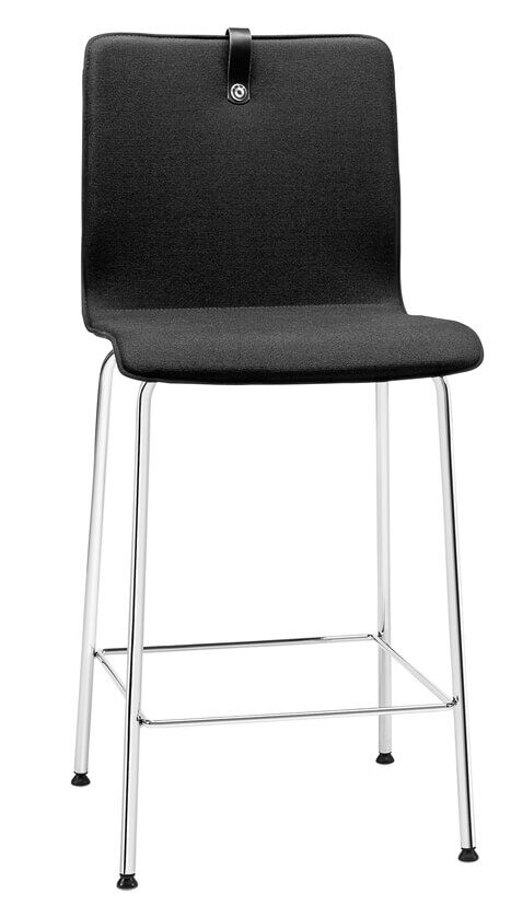 Moderner Barhocker mit schwarzer Polsterung und glänzendem Metallgestell für ergonomisches Sitzen im Büro oder Zuhause.