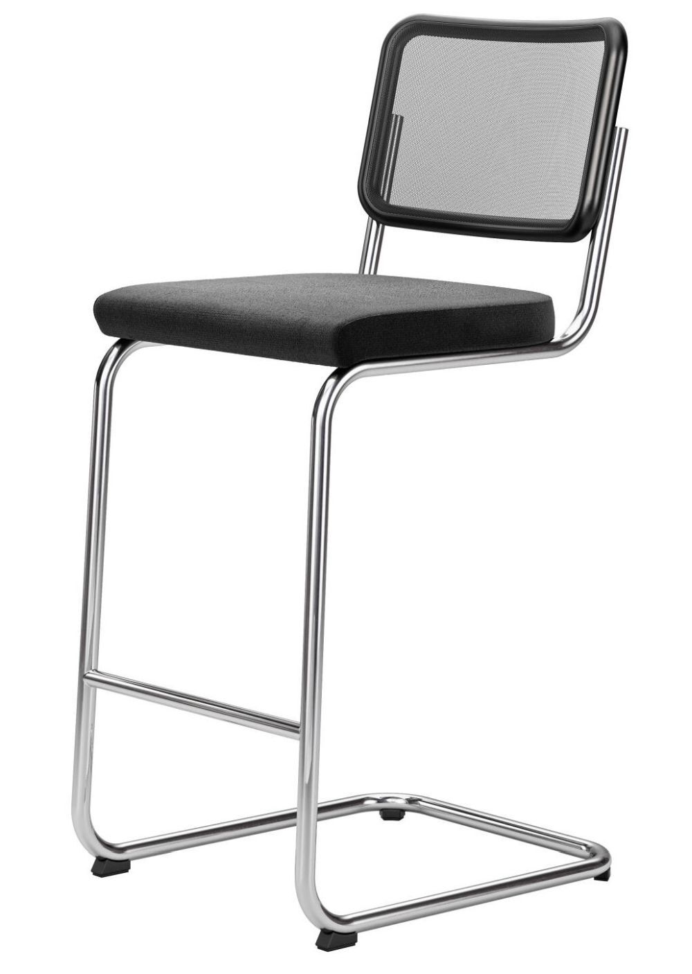 Moderner ergonomischer Bürohocker mit verchromtem Gestell, schwarzem Sitzpolster und Netzrückenlehne.