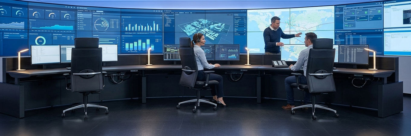Ergonomischer Bürostuhl vor einem minimalistischen Schreibtisch mit Computer, Bücherregal daneben, heller Raumgestaltung.