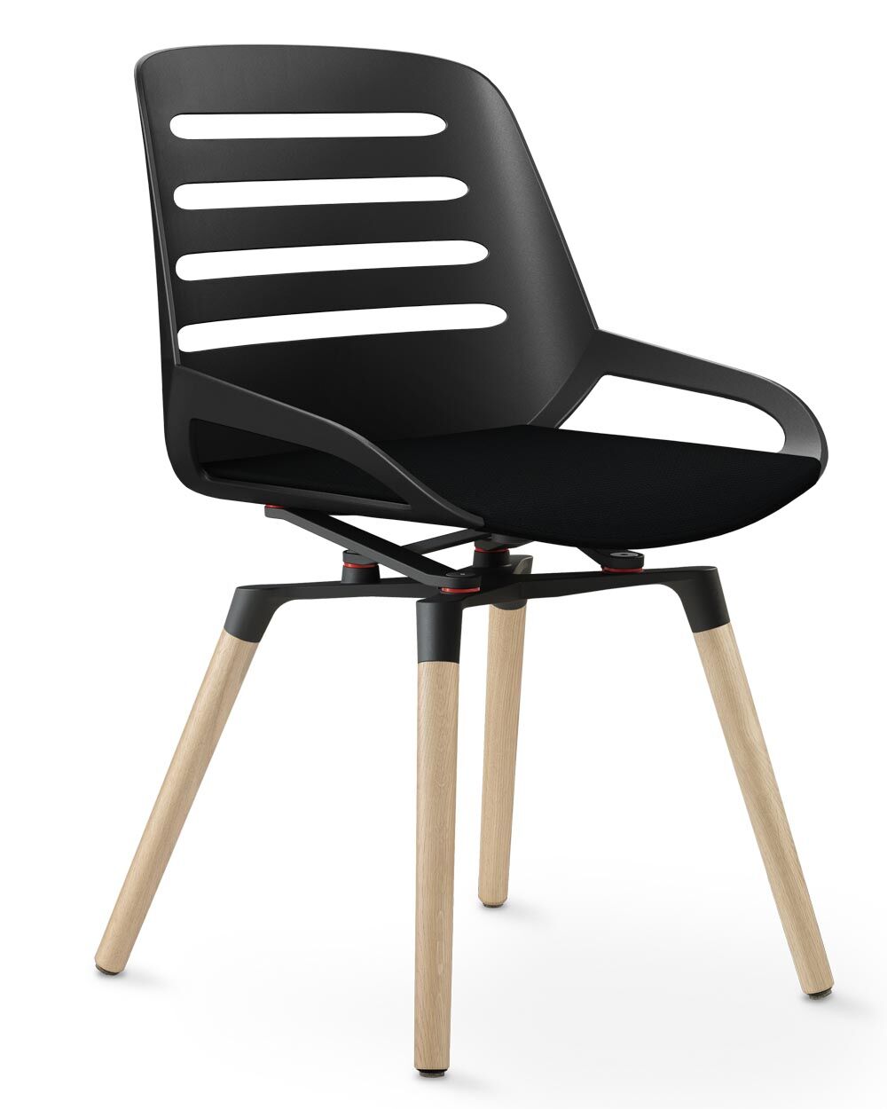 Ergonomischer Bürostuhl mit schwarzer Sitzfläche und Lehne, Holzbeinen und modernen Designelementen für gesundes Sitzen.