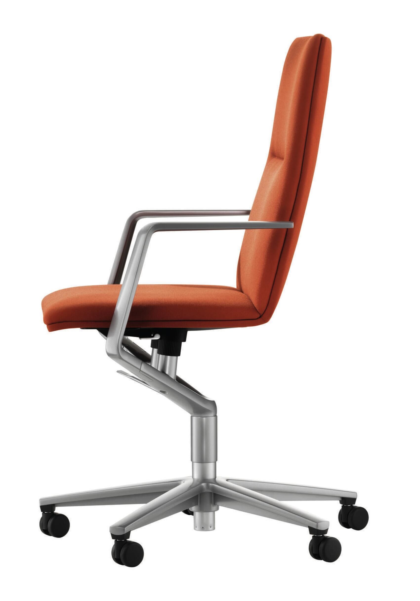 Ergonomischer Bürostuhl in Orange mit verstellbarer Rückenlehne und Rollen, zeigt Seitenansicht der hochwertigen Konstruktion.