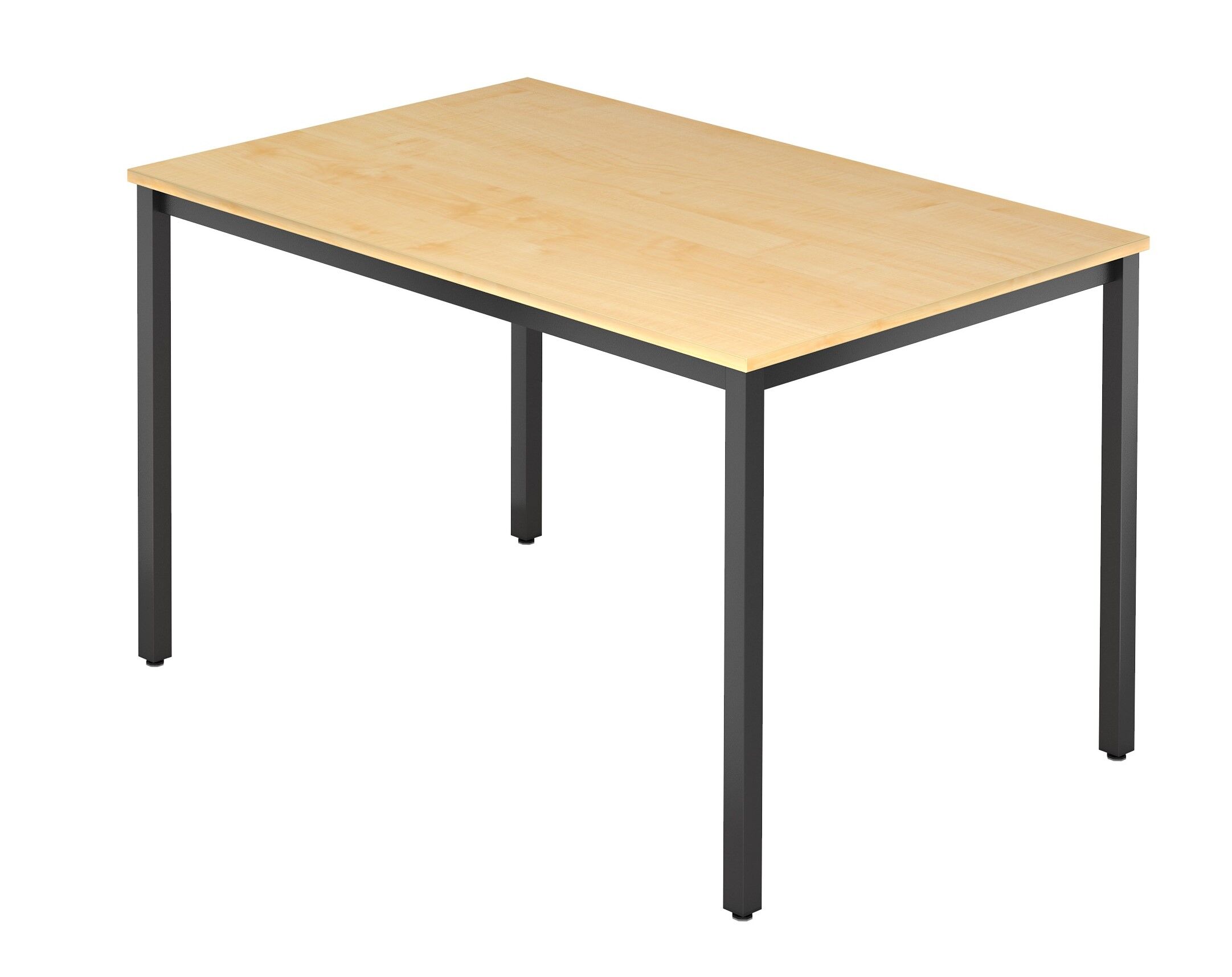 Moderner Schreibtisch mit heller Holzplatte und schwarzen Metallbeinen, ideal für ergonomische Arbeitsumgebungen.