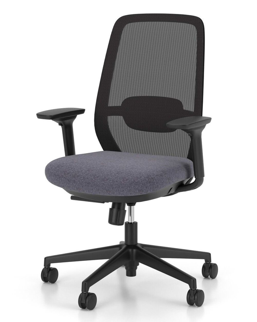 Ergonomischer Bürostuhl mit grauem Stoffbezug, höhenverstellbarer Rückenlehne und Armlehnen auf Rollen.