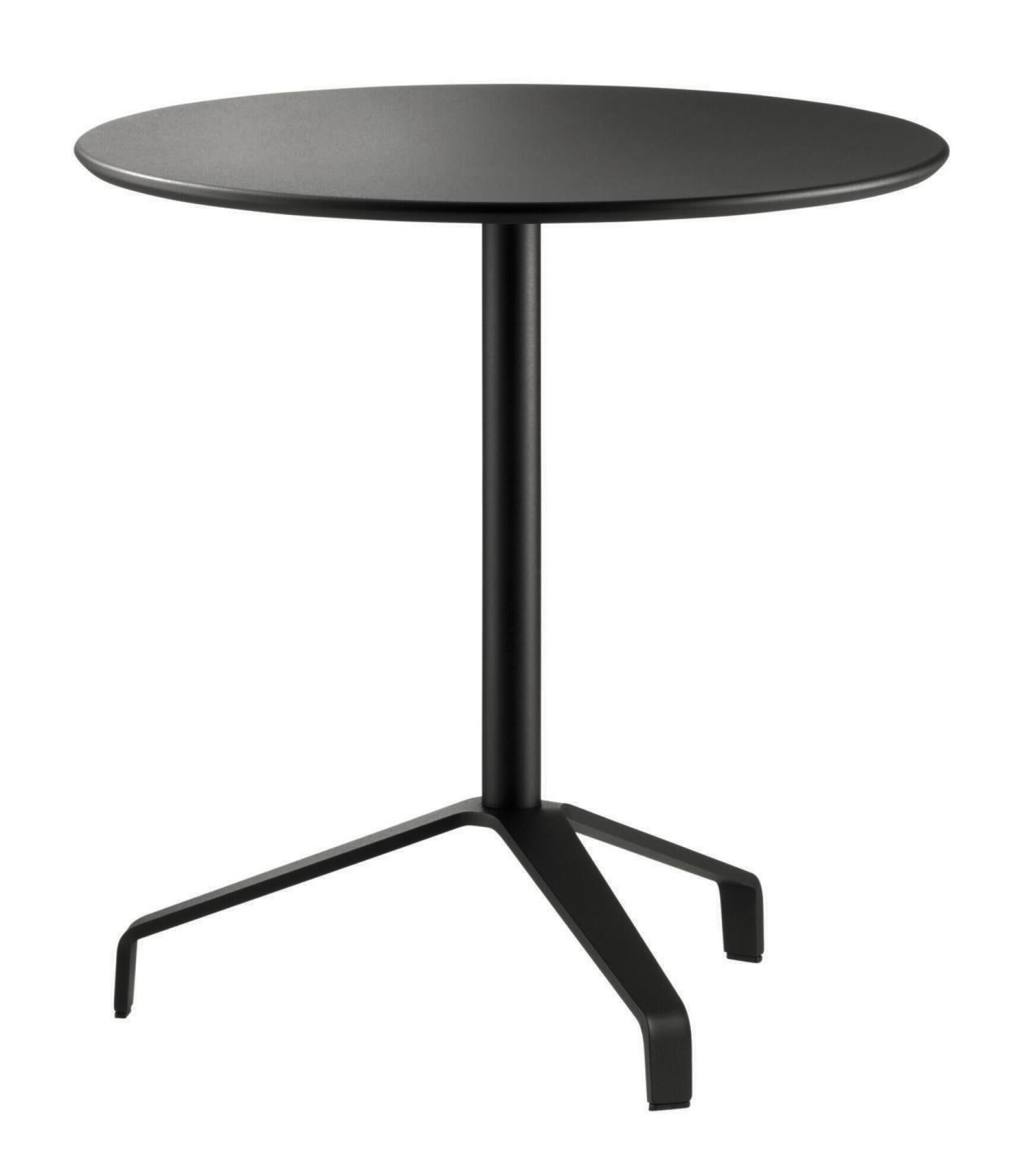 Moderner runder Tisch mit schwarzer Oberfläche und stabilem, dreibeinigem Metallgestell für ergonomische Büros.