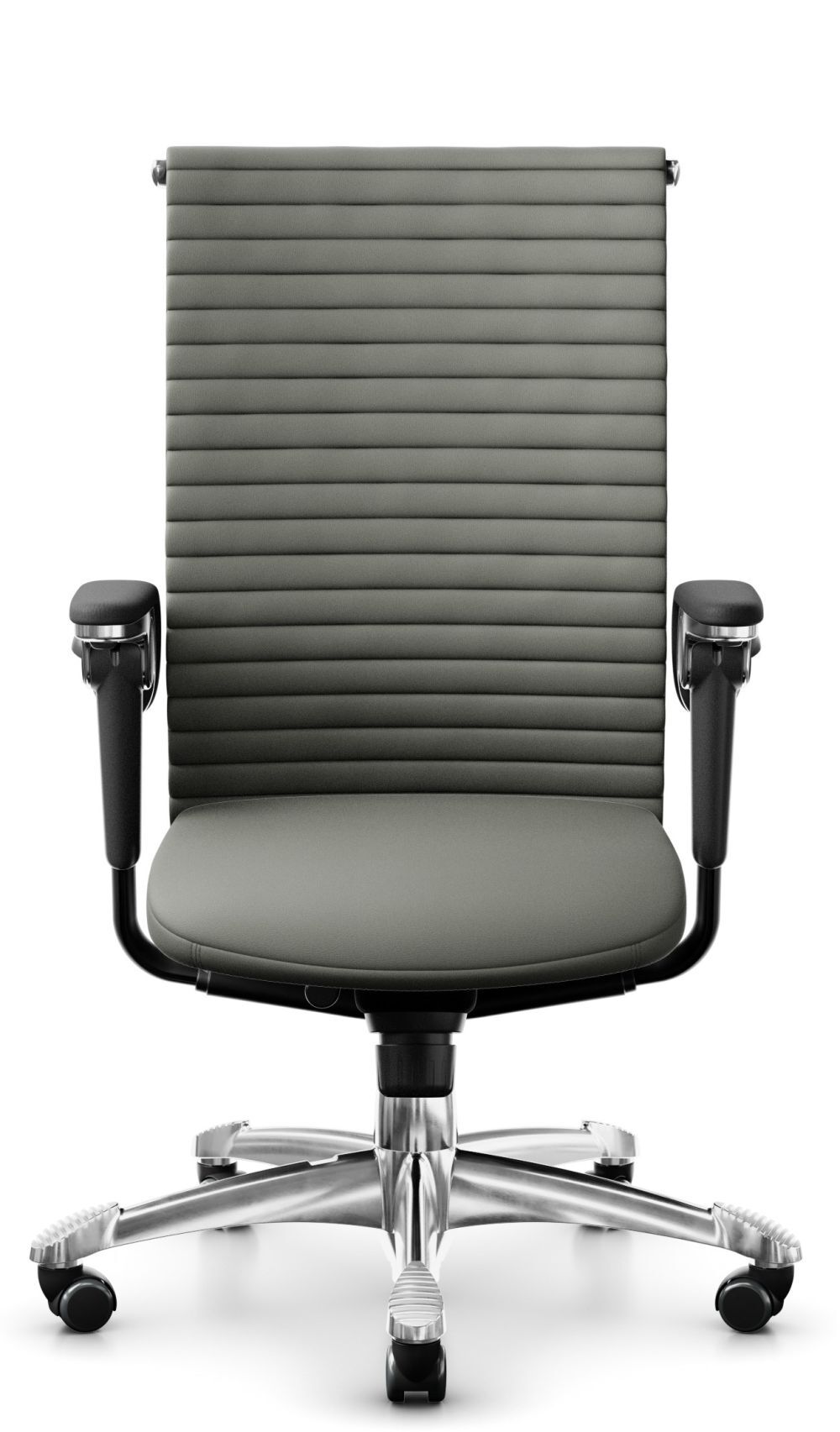 Ergonomischer Bürostuhl mit gepolstertem, geripptem Rücken, verstellbaren Armlehnen und stabilem Metallfuß auf Rollen.