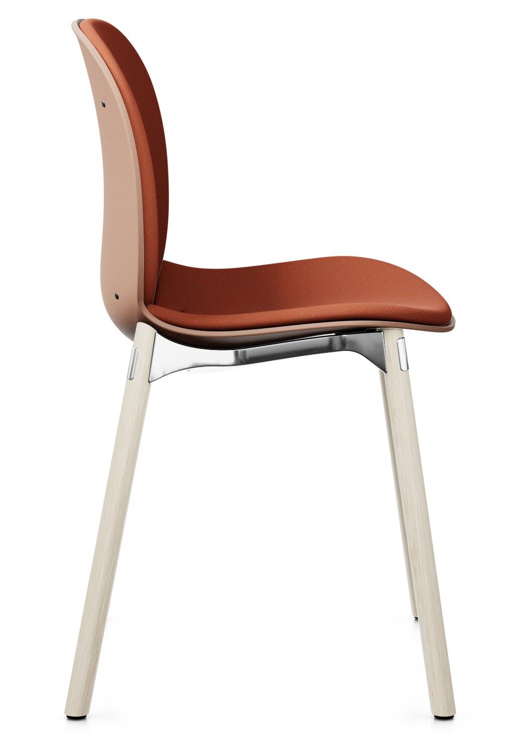 Seitliche Ansicht eines modernen, ergonomischen Stuhls mit rotem Sitz und hellen Holzbeinen.