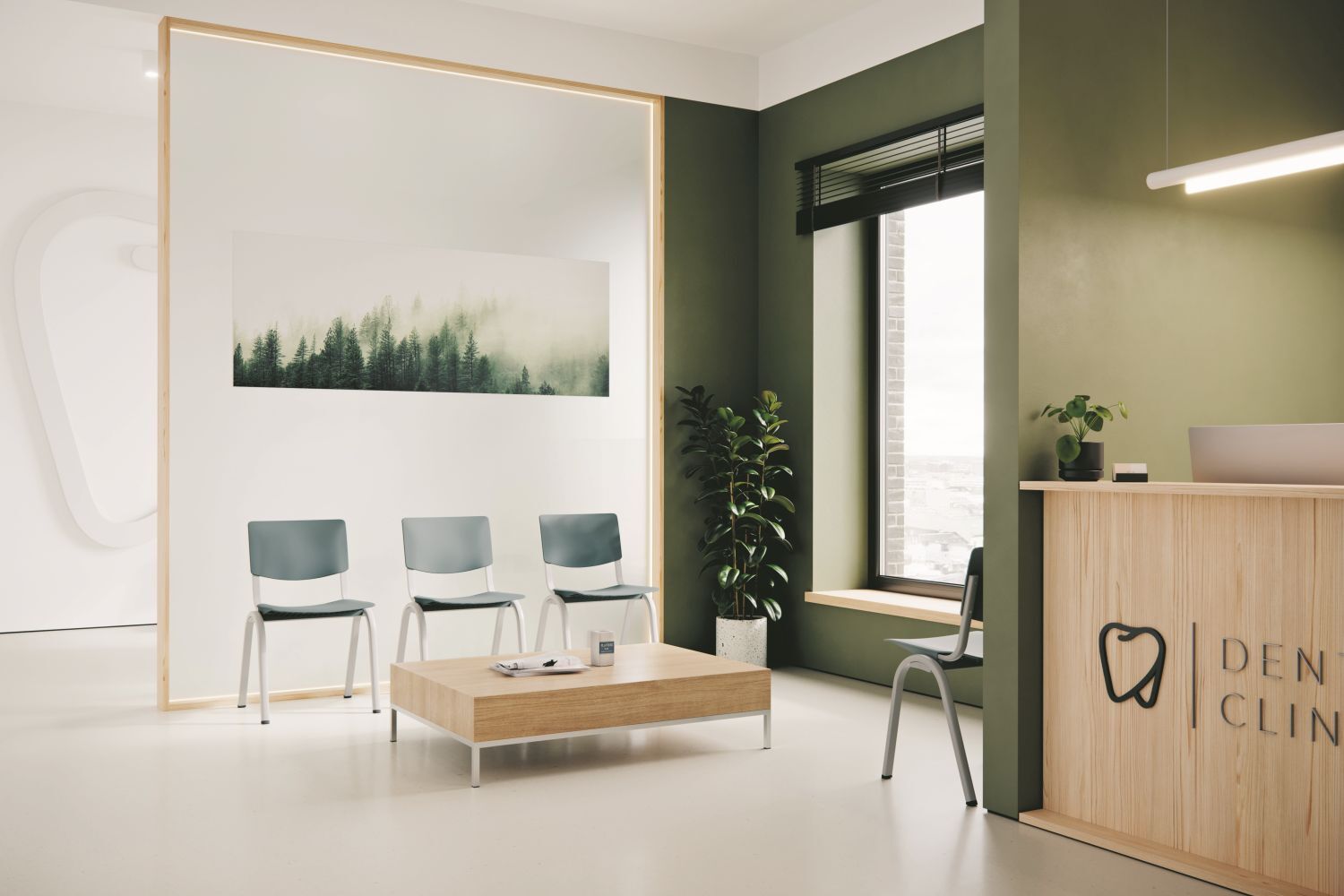 Moderne Wartezimmer mit grünen Wänden, minimalistischen Stühlen, Pflanzen und einem Naturbild an der Wand.
