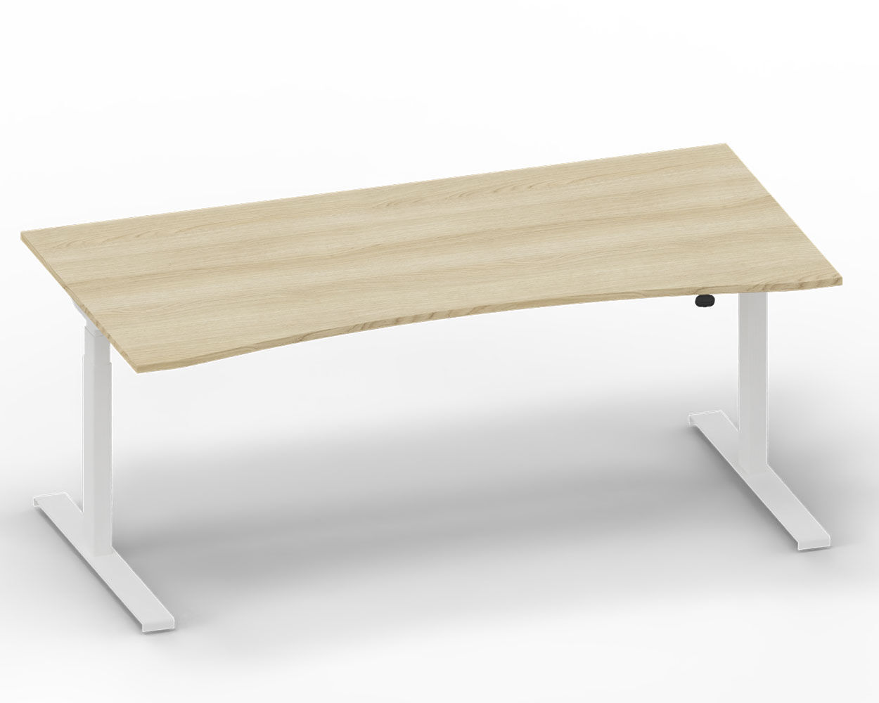 Höhenverstellbarer Schreibtisch aus hellem Holz mit weißen Metallbeinen für ergonomisches Arbeiten.