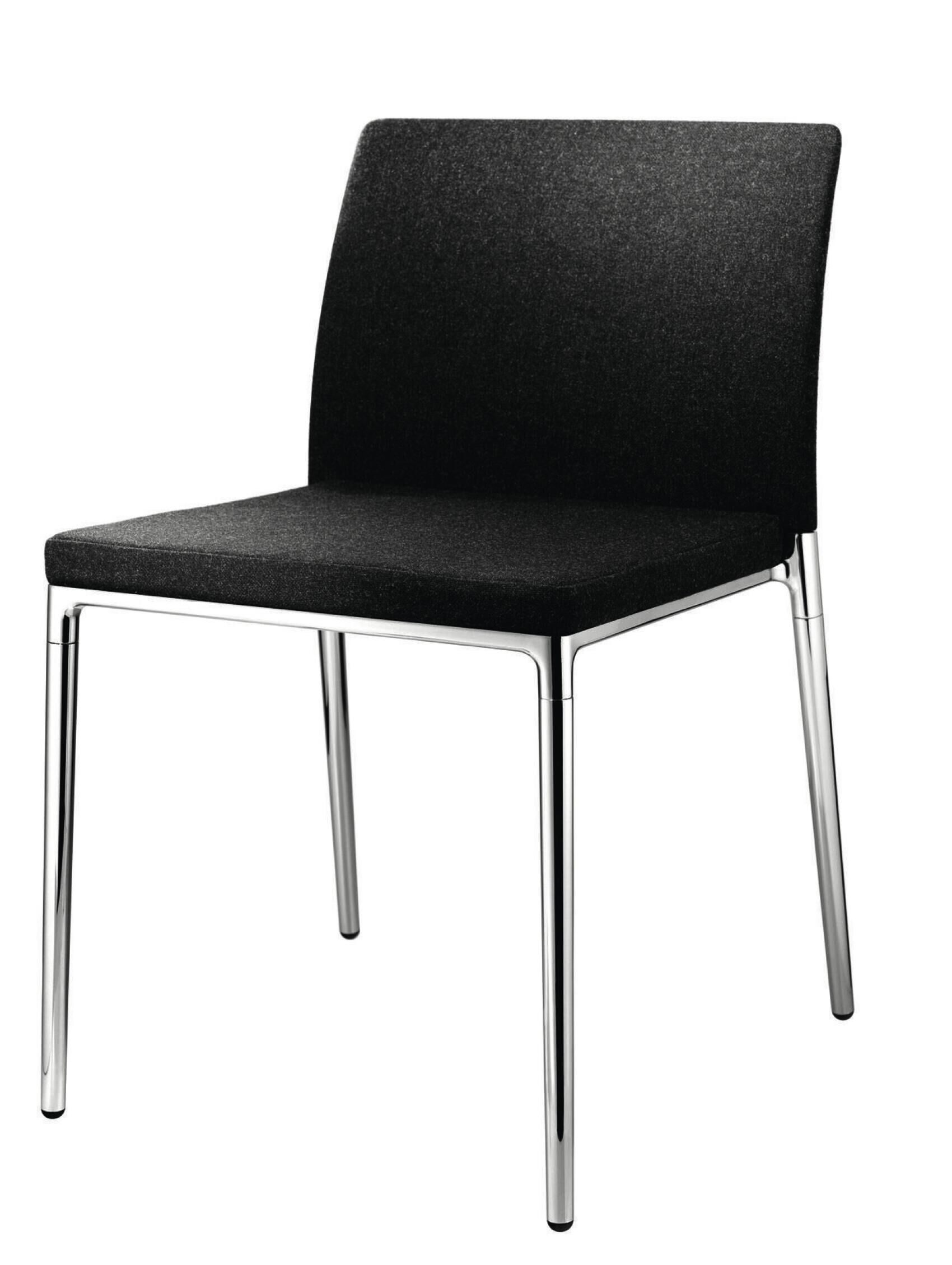 Moderner ergonomischer Stuhl mit schwarzem Polster und verchromtem Metallgestell, ideal für Büro- und Wohnräume.