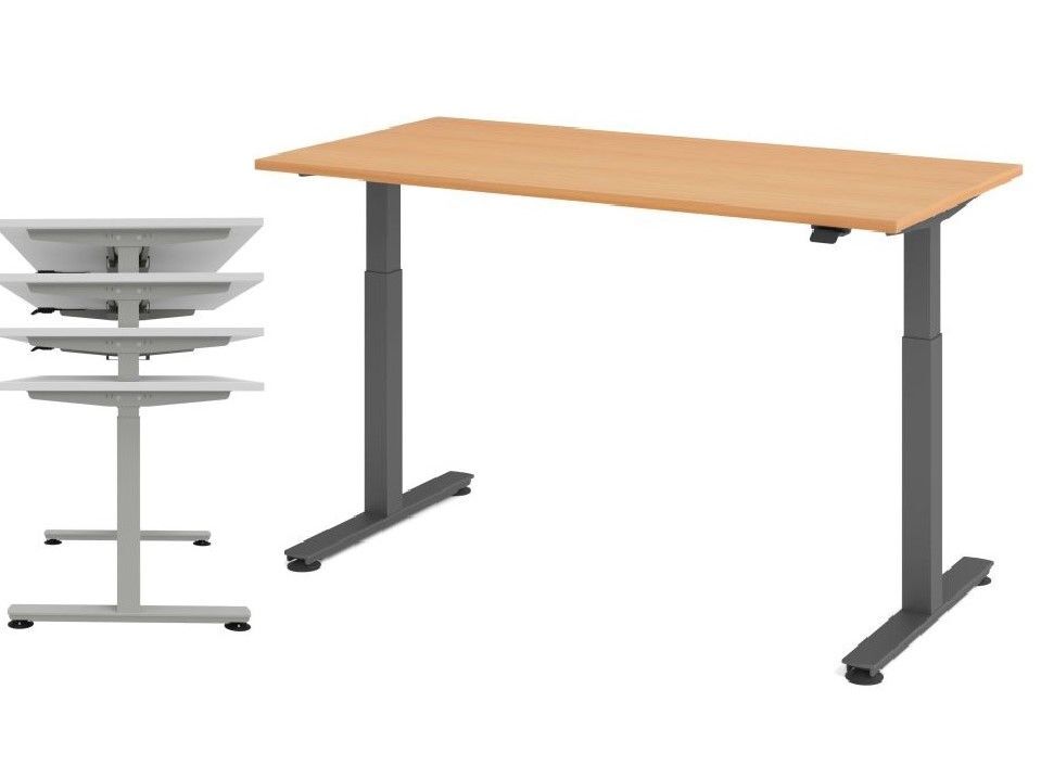 Höhenverstellbarer Schreibtisch mit Holzplatte zeigt ergonomische Flexibilität für gesundes Arbeiten im Stehen oder Sitzen.