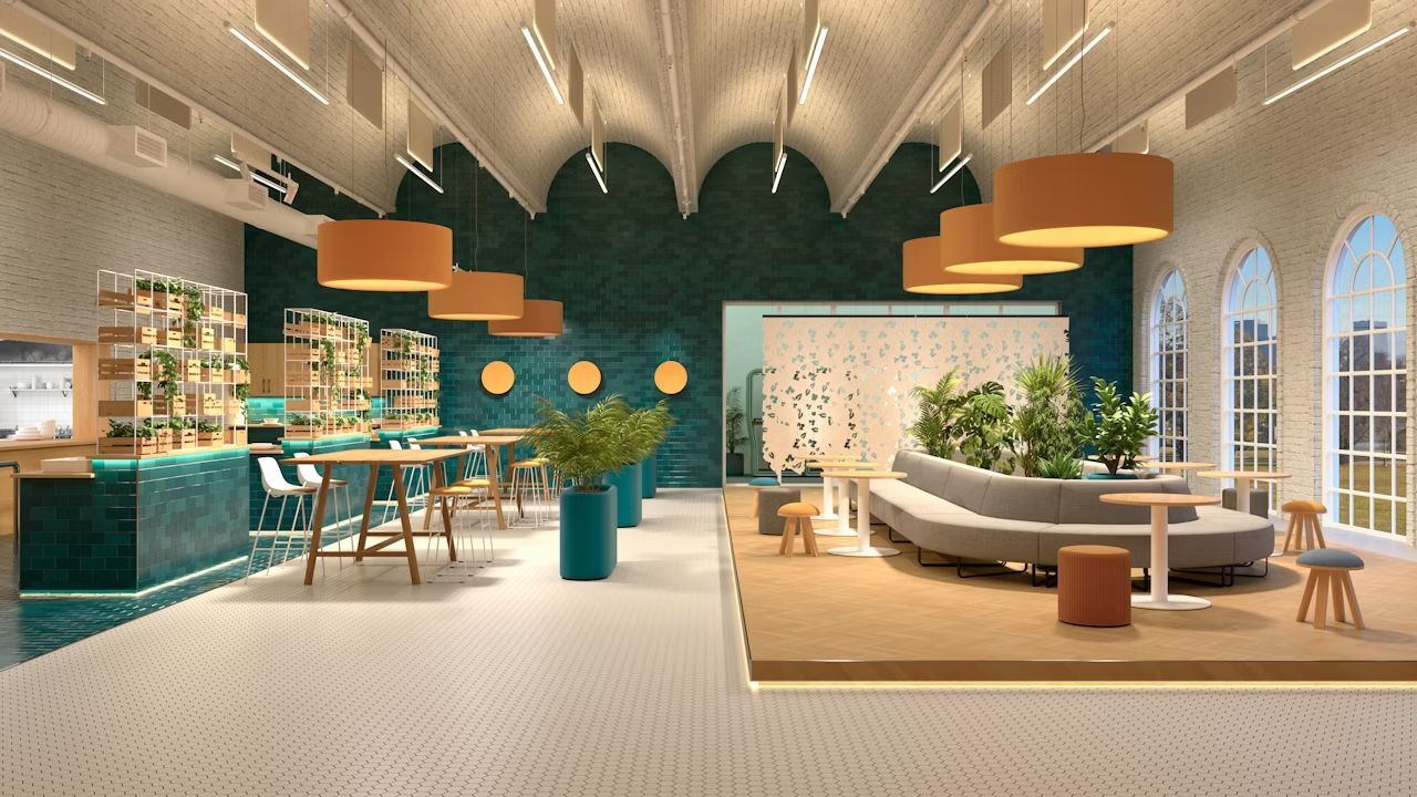 Modernes Büro mit ergonomischen Stühlen, Pflanzen und heller Beleuchtung für gesundes Arbeiten in inspirierender Umgebung.