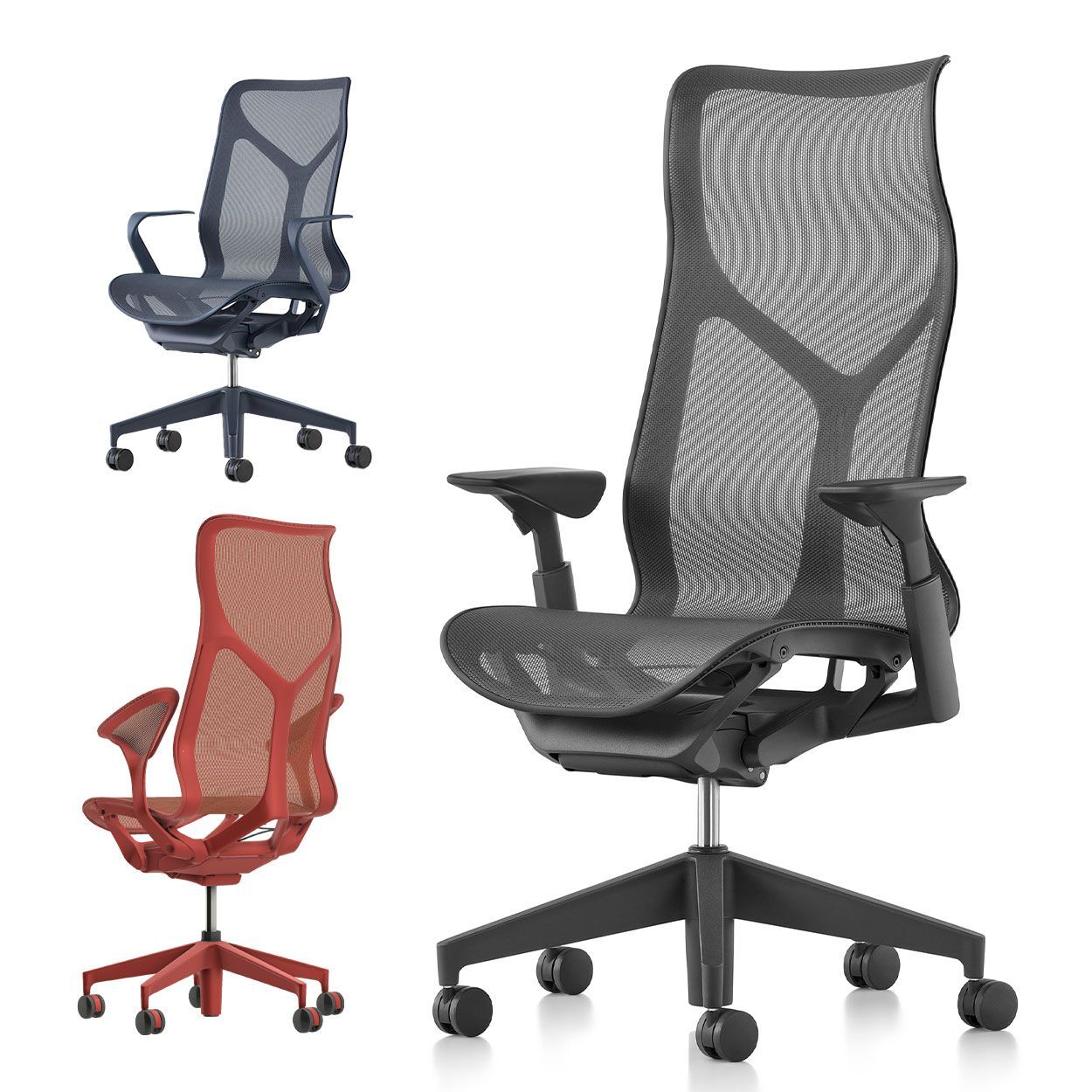 Drei ergonomische Bürostühle in Schwarz, Blau und Rot mit verstellbaren Armlehnen und Netzrückenlehnen.