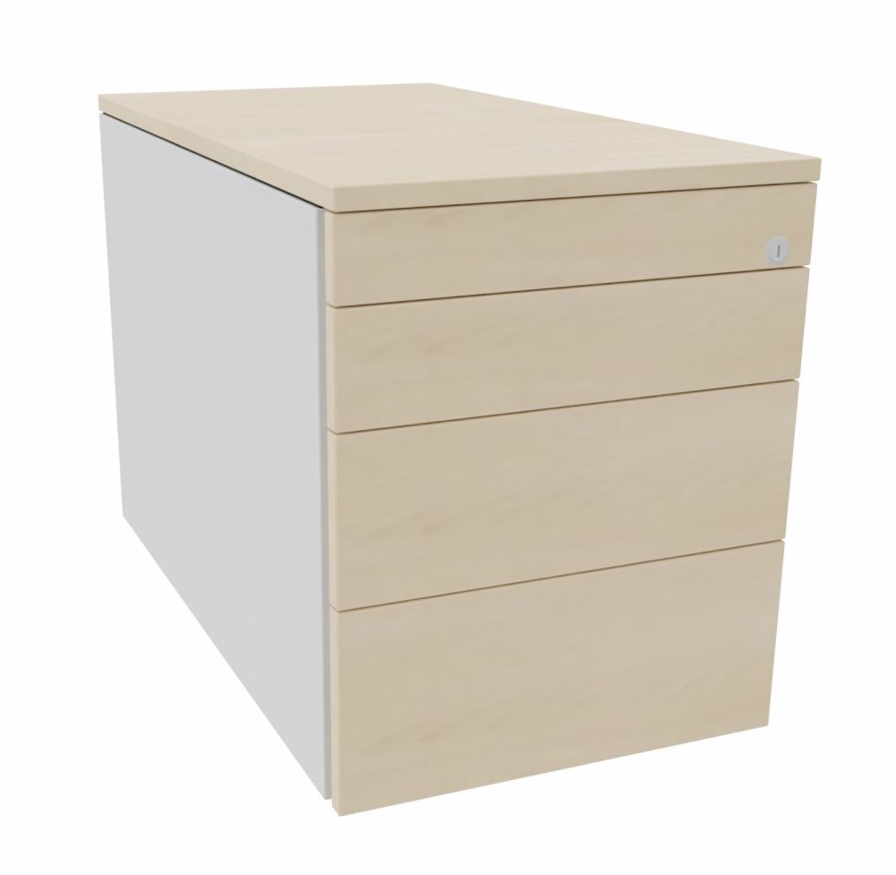 Moderner, heller Holz-Schrank mit vier Schubladen, ideal für ergonomische Büroeinrichtung.