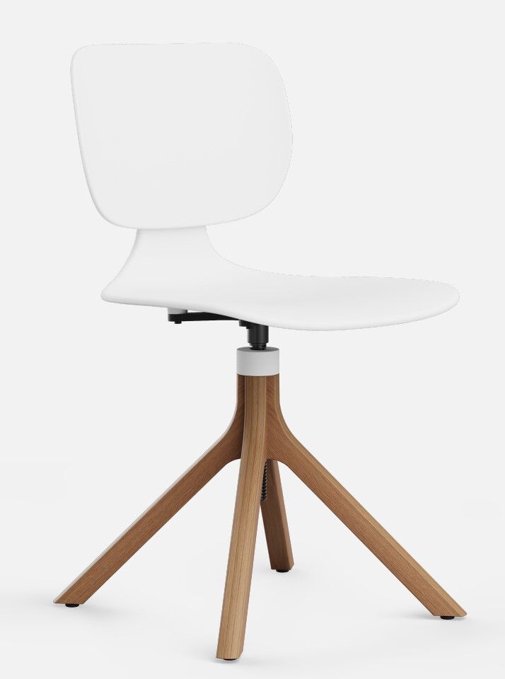 Moderner weißer Stuhl mit ergonomischem Design und Holzbeinen. Perfekt für dynamisches Sitzen im Büro.