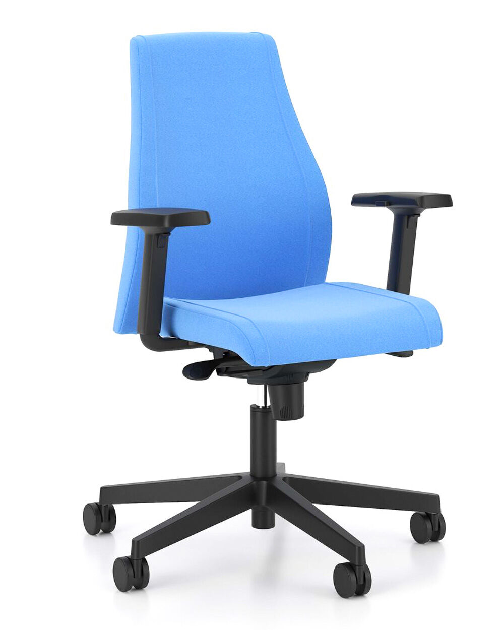 Blauer ergonomischer Bürostuhl mit verstellbaren Armlehnen und schwarzem Rollfuß für dynamisches Sitzen.