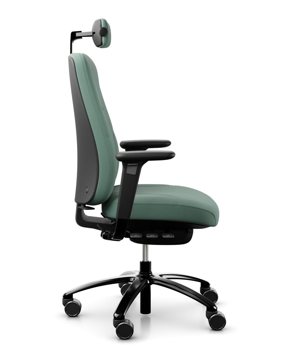 Ergonomischer Bürostuhl mit Kopfstütze und Armlehnen in Grün, seitliche Ansicht, auf schwarzem Drehgestell.