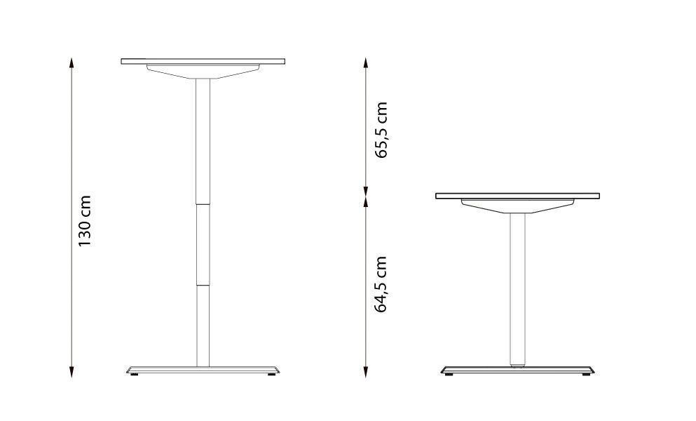 Höhenverstellbarer Tisch mit Abmessungen von 65,5 cm und 130 cm in der Zeichnung dargestellt.
