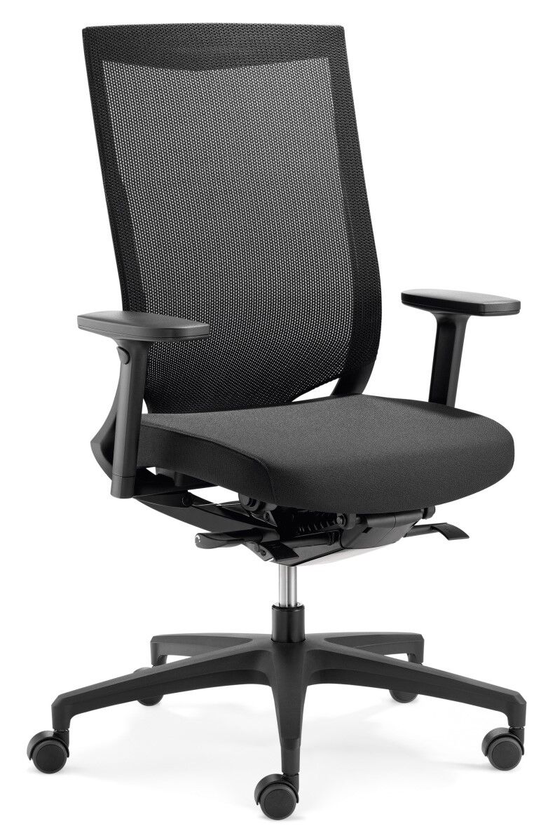 Ergonomischer Bürostuhl mit Netzrückenlehne und verstellbaren Armlehnen auf rollbarem Fußkreuz, ideal für dynamisches Sitzen.