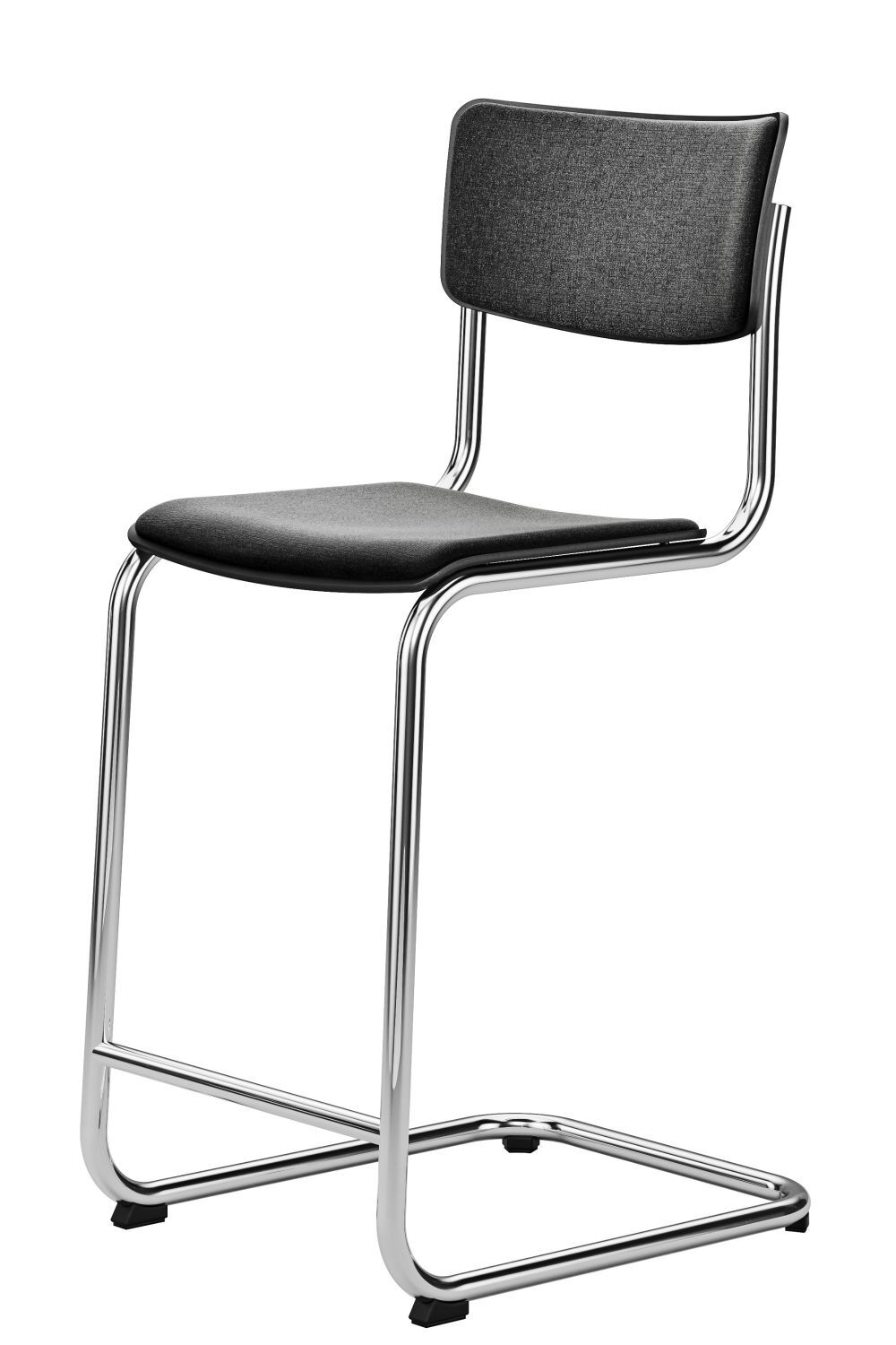 Moderner schwarzer Barhocker mit gepolsterter Sitzfläche und elegantem Chromgestell, ideal für dynamisches Sitzen.