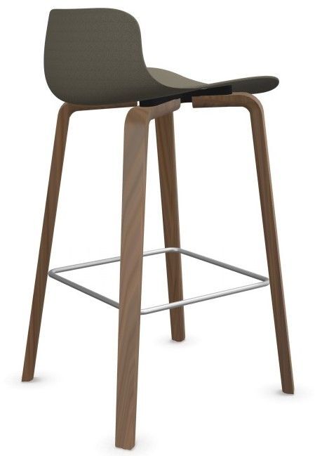 Moderner Barhocker mit Holzbeinen, dunkler Sitzschale und Metall-Fußstütze für ergonomisches Sitzen.