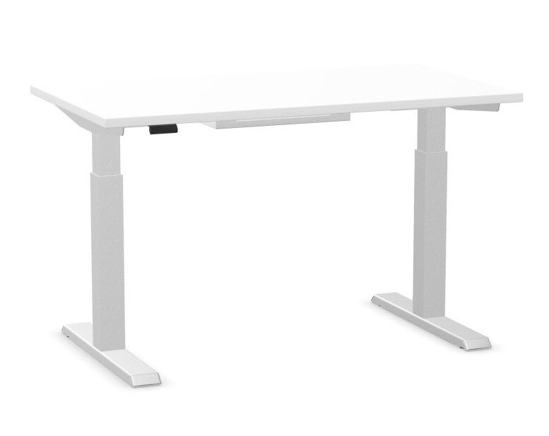Weißer, höhenverstellbarer Schreibtisch mit elektromotorischer Anpassung für ergonomisches Arbeiten im Büro.