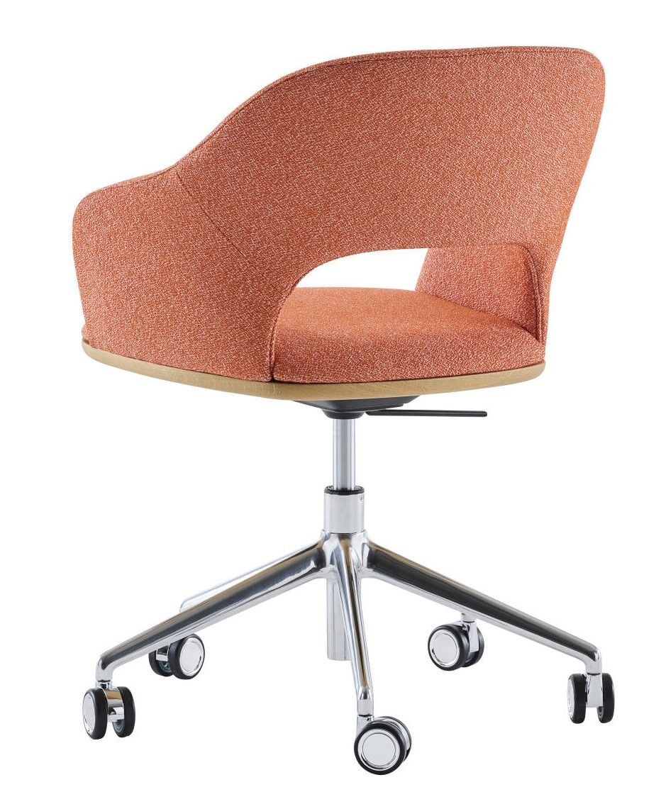 Roter, ergonomischer Bürostuhl mit rollbarem Fußgestell und offenem Rücken, ideal für dynamisches Sitzen.