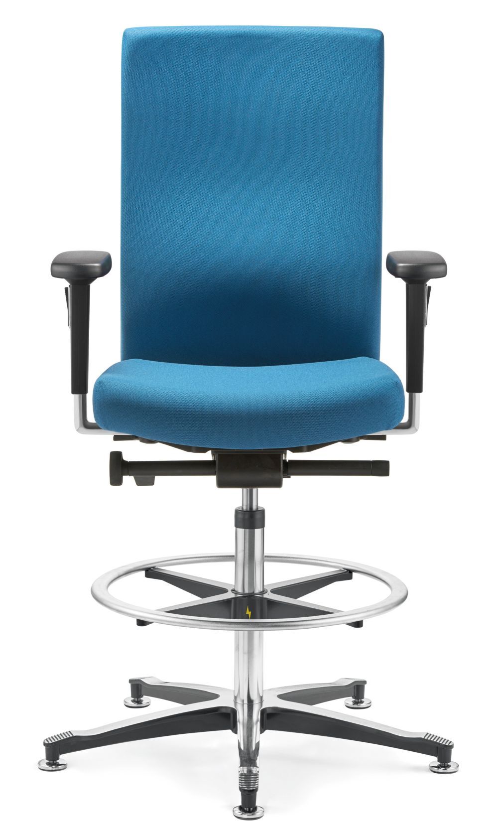 Blauer ergonomischer Bürostuhl mit verstellbaren Armlehnen und Drehfuß, ideal für dynamisches Sitzen im Büro.