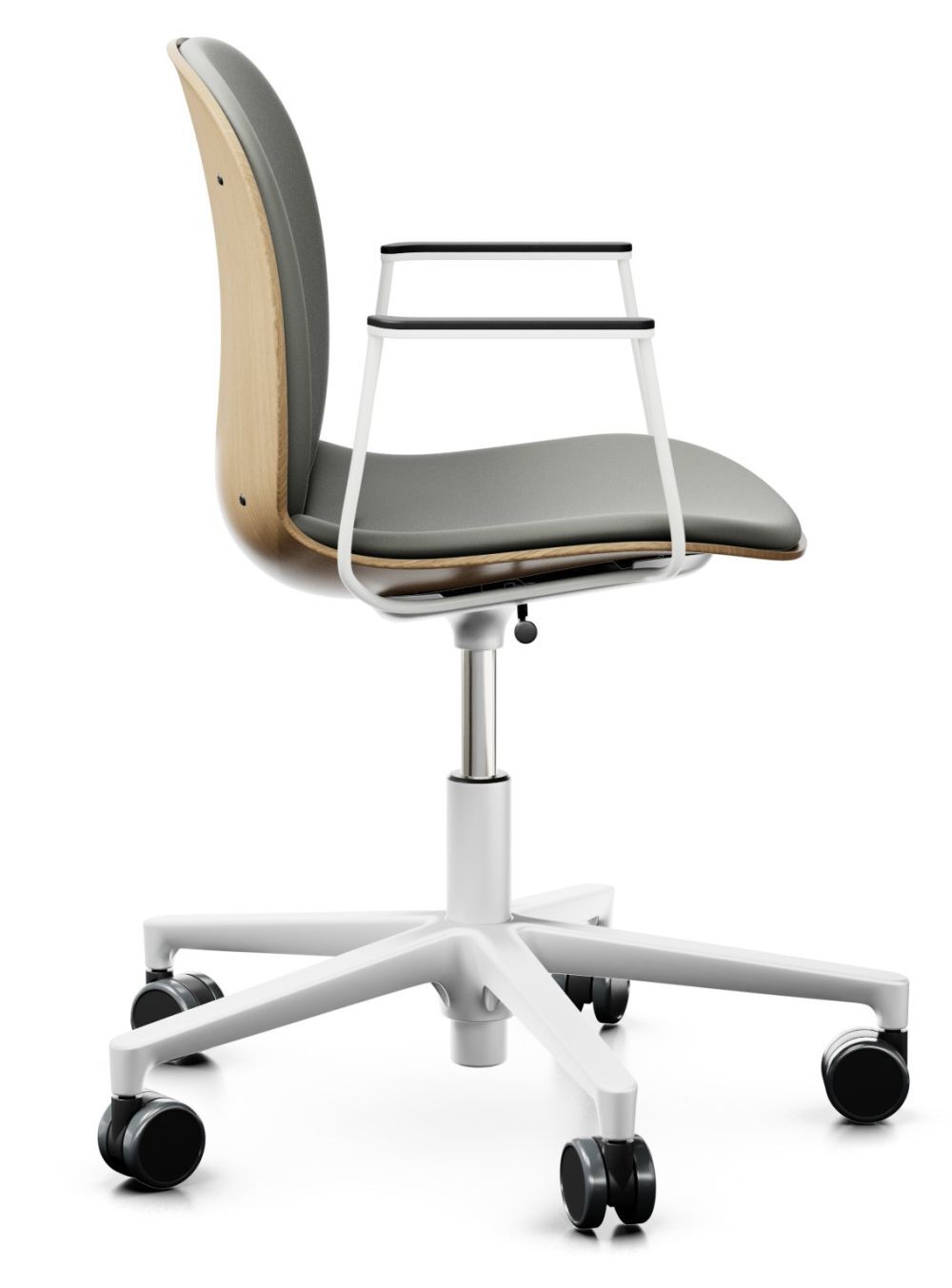 Ergonomischer Bürostuhl mit grauem Polster, weißem Rahmen und Rollen, ideal für dynamisches Sitzen im Büro.