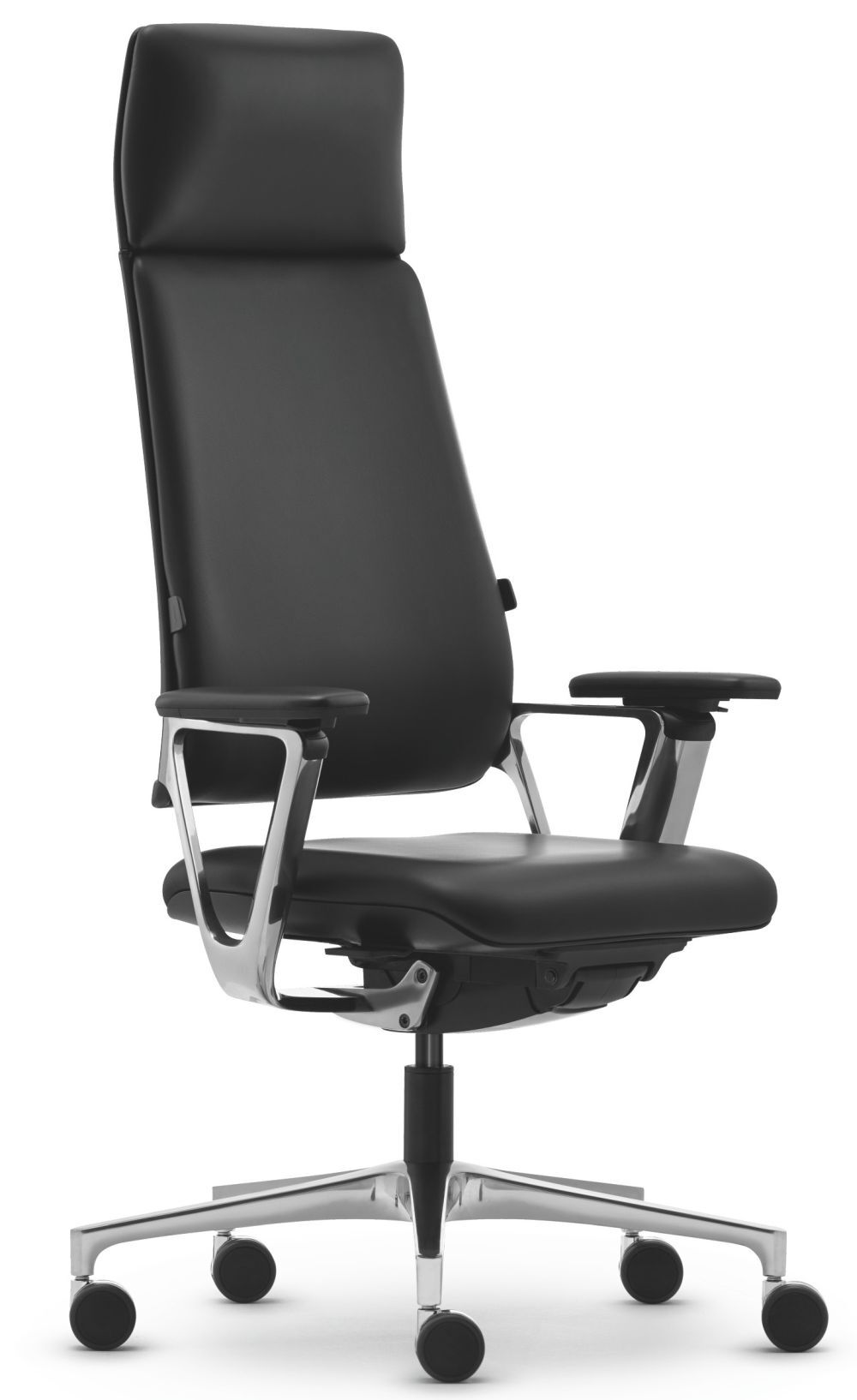 Hochwertiger ergonomischer Bürostuhl in Schwarz mit Kopfstütze, verstellbaren Armlehnen und Chromfußkreuz auf Rollen.